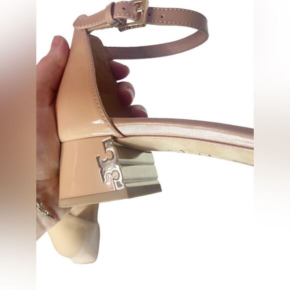 Tory Burch Patent Leather Heeled Peep Toe Tan/Nude Sandal - Picture 6 of 9